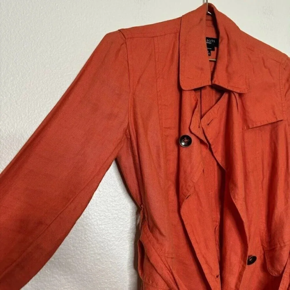 Talbots Orange Irish Linen Trench Coat Button Belted Summer Spring Jacket Sz 4P